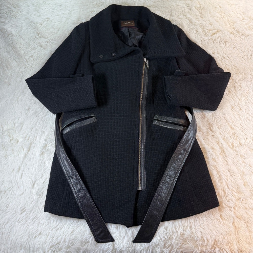 Cole Haan Black Wool Blend Asymmetrical Zipper Belted Coat Women's Size 8‎